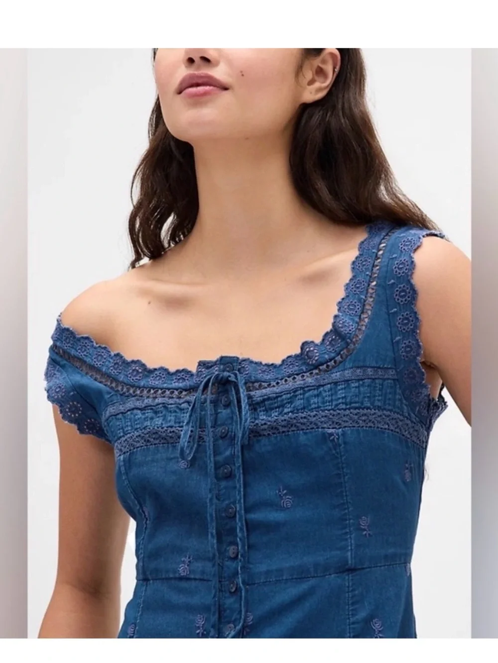 Gap Blue Tiered Lace-Trim Midi Dress - Picture 2 of 6